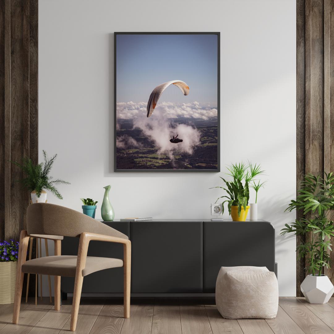 Paragliding Fotografie über Wolken | Landschaft von oben | Gleitschirm Poster | Wandbild Abenteuer & Freiheit