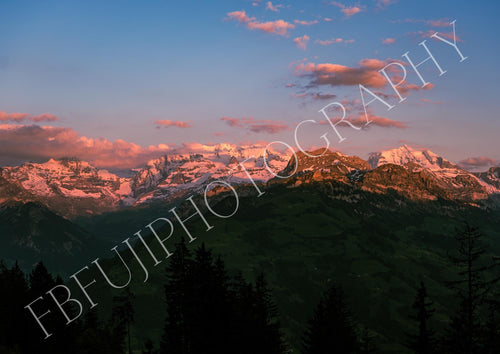 Alpenglühen Fotodruck | Sonnenuntergang über den Bergen | Landschaftsbild Alpen in Rosa & Gold | Panorama Wandbild Natur